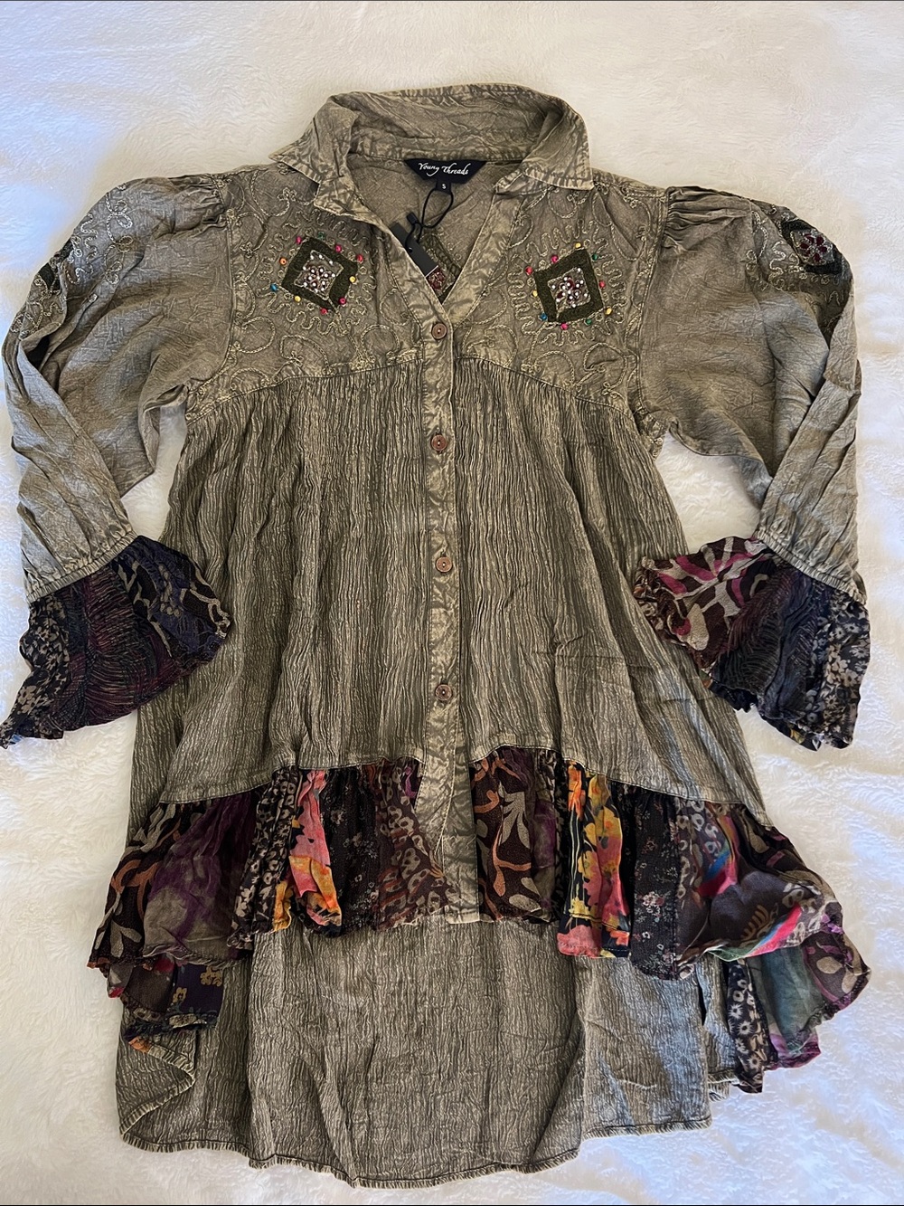 New - Young Threads Olive Embroidered Button-Front Tunic with Multicolor Ruffle